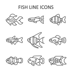 Aquarium fish line icon set. Tropical fish vector sign. Aquarium husbandry symbol.