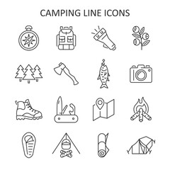 Сamping line icon set. Tourist vector symbols include compass, backpack, berry, forest, fish, camera, pocket knife, tent, bonfire. - obrazy, fototapety, plakaty