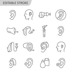 Hearing aid line icon set. Hearing problem vector collection. Editable stroke. - obrazy, fototapety, plakaty