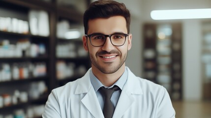 Fototapeta na wymiar Professional confident pharmacist wearing lab coat and glasses. Druggist in drugstore store with shelves health care products.