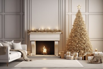 Holiday Living Room: Stylish Apartment with Modern TV, Fireplace, and Christmas Tree Creating a Beautiful Atmosphere for December Celebrations
