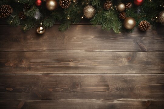 Rustic Christmas: Festive Wood Table Background with Space for Your Decorations.