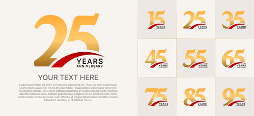 Set of Anniversary Logotype with red swoosh, gold color can be use for special day celebration