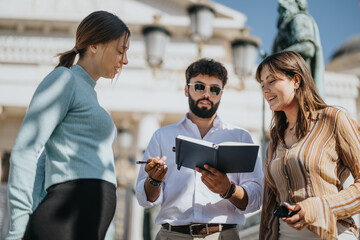 Caucasian business partners discuss business expansion, investment strategies, and market trends in the city. They prioritize financial planning, risk management, and customer relations.
