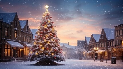 Majestic Christmas tree adorned with lights and snow in a quaint town at dusk - obrazy, fototapety, plakaty