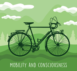 Vector illustration of bicycle silhouette in landscape in graphic style. Art alluding to ecology and mobility.