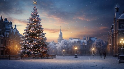 Fototapeta premium Majestic Christmas tree adorned with lights and snow in a quaint town at dusk