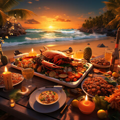 Thanksgiving on a beach at sunset