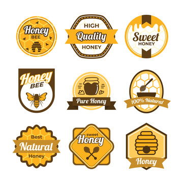 Set of Honey Bee Farm Badge label Collection Stamp Template. Abstract Vector Packaging Design Layout. Beekeeping logo, retro bee badges.
