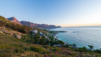 Camps Bay and the Twelve Apostles at sunset, Cape Town, South Africa