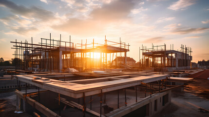 The construction site and sunset provide a picturesque background for building the large residential buildings with structural steel beams, - obrazy, fototapety, plakaty