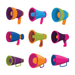 Set of megaphone speaker collection. Loudspeaker vector set. Announcement sign. Advertising concept. Customer service and Contact information