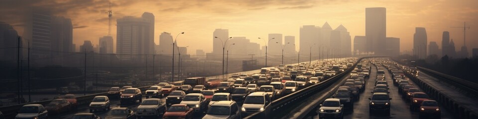 Panoramic view capturing a street packed with bumper-to-bumper traffic, showcasing the congestion and gridlock of a busy urban thoroughfare. - obrazy, fototapety, plakaty