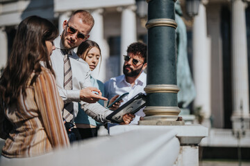 Diverse professionals discuss business ideas, analyze market trends, and manage budget and risk for sustainable business development. They collaborate remotely, monitoring statistics on a tablet.