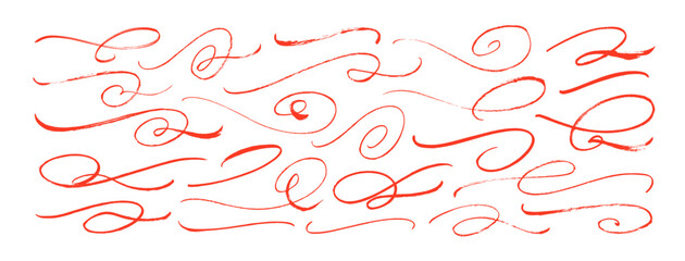 Calligraphic red decorative swooshes and flourishes collection. Hand drawn vector underline swishes.