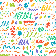 Brush and charcoal curly lines seamless pattern. Pencil squiggles, swirls and dots.