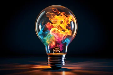 Foto op Plexiglas a colorful glowing lightbulb visualizing brainstorming, bright ideas, and creative thinking, © Ash