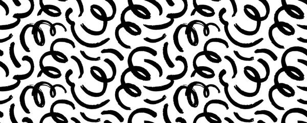 Hand drawn doodle lines seamless banner design. Brush drawn chaotic squiggles with loops. - obrazy, fototapety, plakaty
