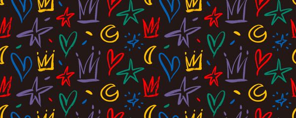 Colorful seamless banner design with doodle crowns, hearts, stars and moons in trendy style.
