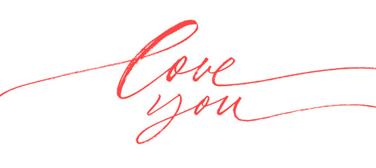 Love you linear red calligraphy with swooshes. Hand drawn cursive text love you. - obrazy, fototapety, plakaty