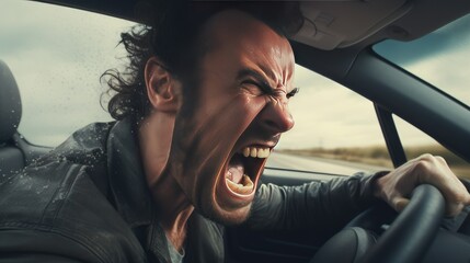Man in a car, visibly frustrated and screaming in a fit of road rage amidst congested traffic, reflecting the challenges of urban commuting. - obrazy, fototapety, plakaty