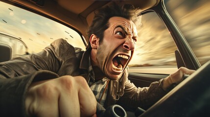Man in a car, visibly frustrated and screaming in a fit of road rage amidst congested traffic, reflecting the challenges of urban commuting. - obrazy, fototapety, plakaty