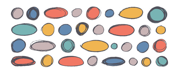 Hand drawn multi colored charcoal ovals collection. Ellipses in doodle style.