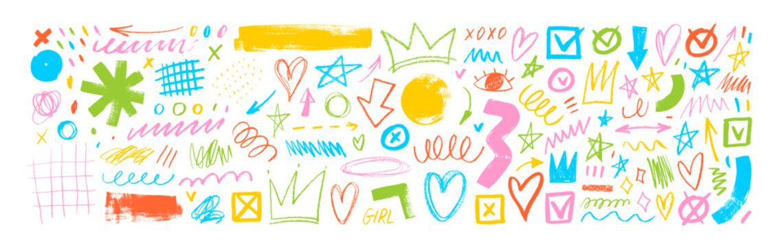 Charcoal graffiti doodle punk and girly shapes collection in childish colors. Hand drawn scribbles.