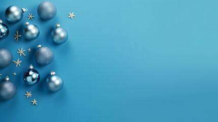 Silver and blue christmas ornaments on dark blue background. Merry christmas card. Winter holidays. Xmas theme. Space for text.