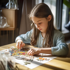 Fototapeta premium caucasian girl is making handmade beaded bracelets as a hobby or to earn extra money