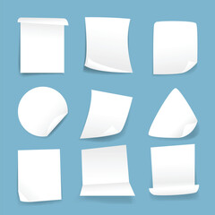 Set of blank realistic white paper stickers of different shapes banner isolated on white background. Round, oval, square, rectangular shapes. Copy space. Stickers or patches for preview tags, labels.