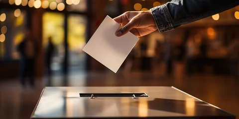 Foto op Plexiglas Hand placing voting ballot in ballot box, elections concept © Gabriela
