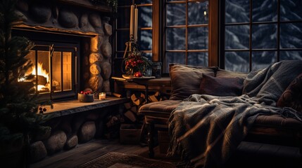 Obraz na płótnie Canvas Cozy living room with fireplace and cozy plaid. Cozy winter evening.