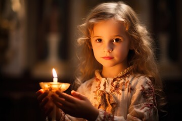 Obraz na płótnie Canvas Girl holding a lit candle in a church interior
