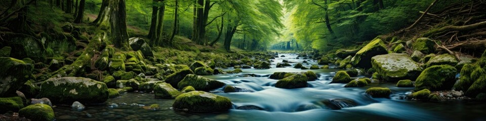Panoramic view of a vibrant mountain stream cascading over rocks, capturing the serene beauty of nature in a wide, expansive shot.