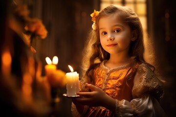 Little girl holding candles in front of a stained glass window