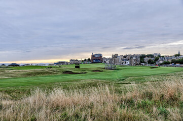 St Andrews, Scotland - September 22, 2023: Early morning views of the Old Course in St Andrews...