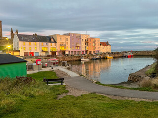 St Andrews, Scotland - September 22, 2023: Views of the buildings, vessels, breakwater and marina...