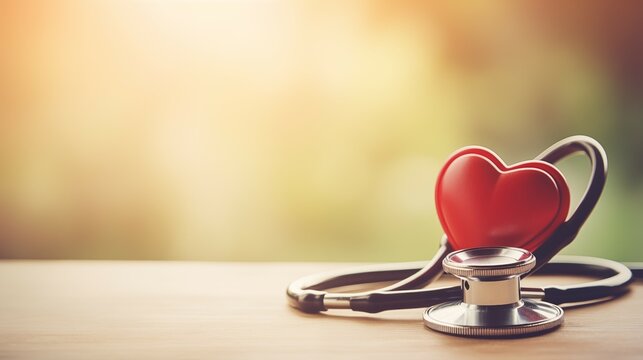 Statoscope with a red heart shape on table. The concept of heart checkup, health, blood donor month