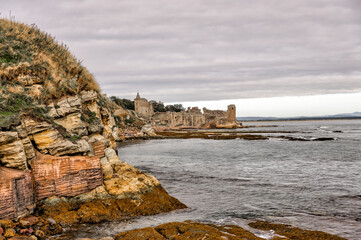 St Andrews, Scotland - September 22, 2023: The rugged shoreline around the region of St Andrews...