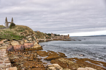 St Andrews, Scotland - September 22, 2023: The rugged shoreline around the region of St Andrews...