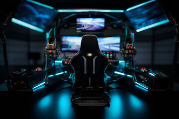 A sleek and modern racing cockpit with a Formula wheel, surrounded by high-tech monitors, immersive simulation equipment, and a dedicated gaming environment. - obrazy, fototapety, plakaty