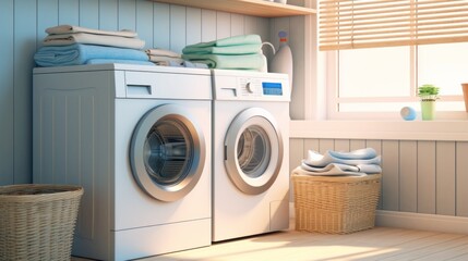 A modern washing machine and dryer in a laundry room, emphasizing the efficiency and convenience of electric appliances for chores. - obrazy, fototapety, plakaty