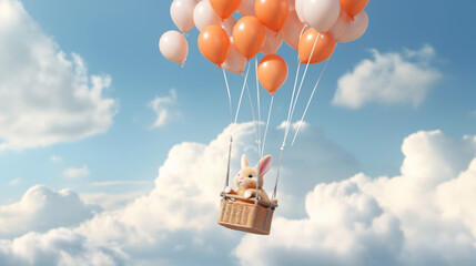 大空をたくさんの風船で浮かんでいるバスケットに乗って空を飛んでいる白ウサギ - obrazy, fototapety, plakaty