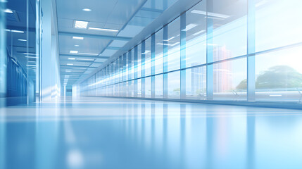 The hall of an office or medical institution with panoramic windows and a perspective, with a light blurred background,