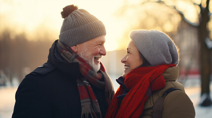 ニット帽を被って笑い合っている仲が良い老夫婦のアップ、背景雪景色 - obrazy, fototapety, plakaty