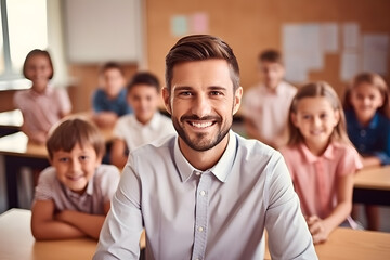 Obraz premium Male portrait of young teacher in class looking at camera with students in the background, back to school.