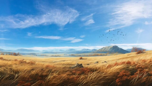 Autumn nature background and meadow with blue sky. orange grass under moving blue sky, fall mood. video animation background. fall animation. Generated with AI