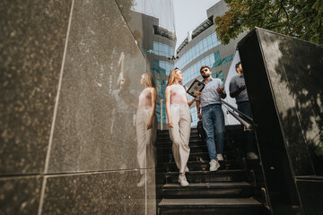 Busy city center with corporate teams discussing new projects and sharing ideas. Outdoor meetings, entrepreneurship, and remote work contribute to business growth and success.