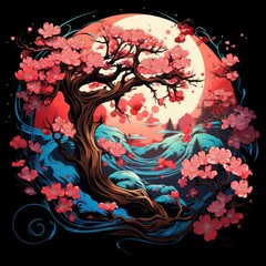 A mesmerizing psychedelic rendition of a Cherry Blossom, with glowing petals, intricate details, and combines fluorescent colors